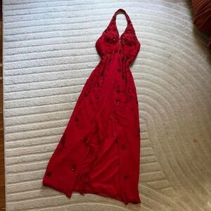 VTG y2k Sean Collection Red halter maxi dress size L Pure Silk Glamorous Fairy
